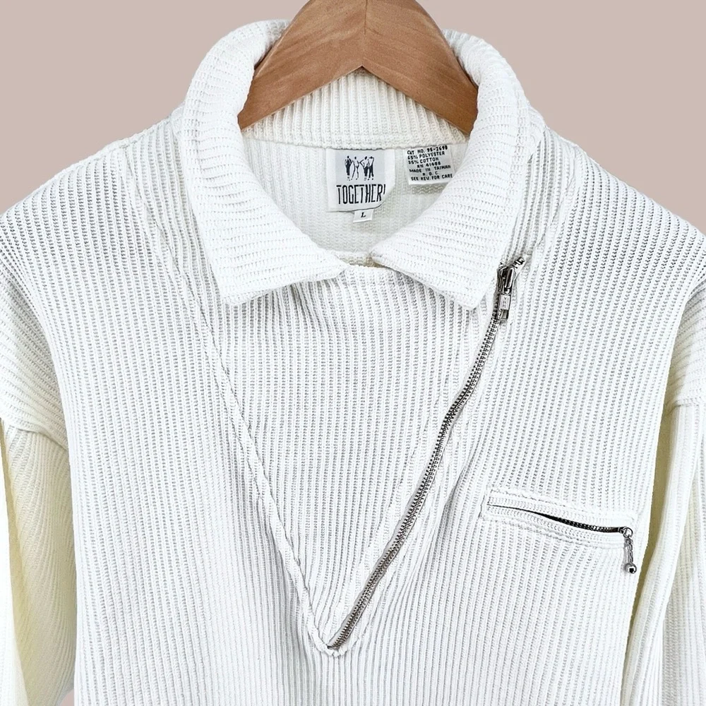 Vintage Together Ribbed Sweater Large Knit White Asymmetrical Zip Collared Moto - Picture 11 of 16